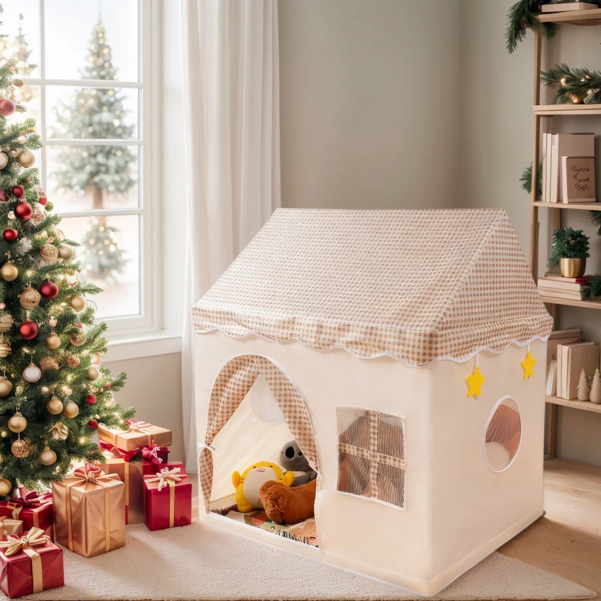 【Leisure and Entertainment】Large Children's Toy Castle, Pink Playhouse with Floral Design, Children's Pretend Play Tent, Kids' Secret Base and Sleeping Tent, Outdoor Beach Toy Playhouse, Holiday Gift for Boys and Girls, Christmas and Halloween Gifts, Without Accessories