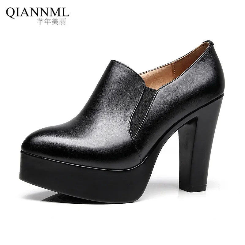 

8cm 11cm Small Size 32-43 British Style Deep Mouth Platform Shoes Woman Block High Heels 2024 Thick Bottom Leather Shoes Office