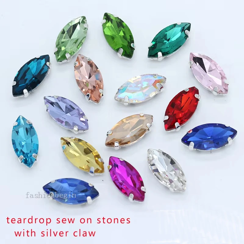 30p 4x8mm navette sewing strass glass stone Flatback sew on crystal rhinestone Montees silver claw button for clothes Decoration