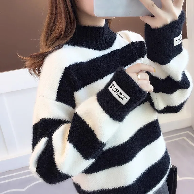 Thickened Fleece Women's Knitted Sweater Loose Half High Collar Autumn Winter Lazy Style Top Warmth Heating Long Sleeve Stripe