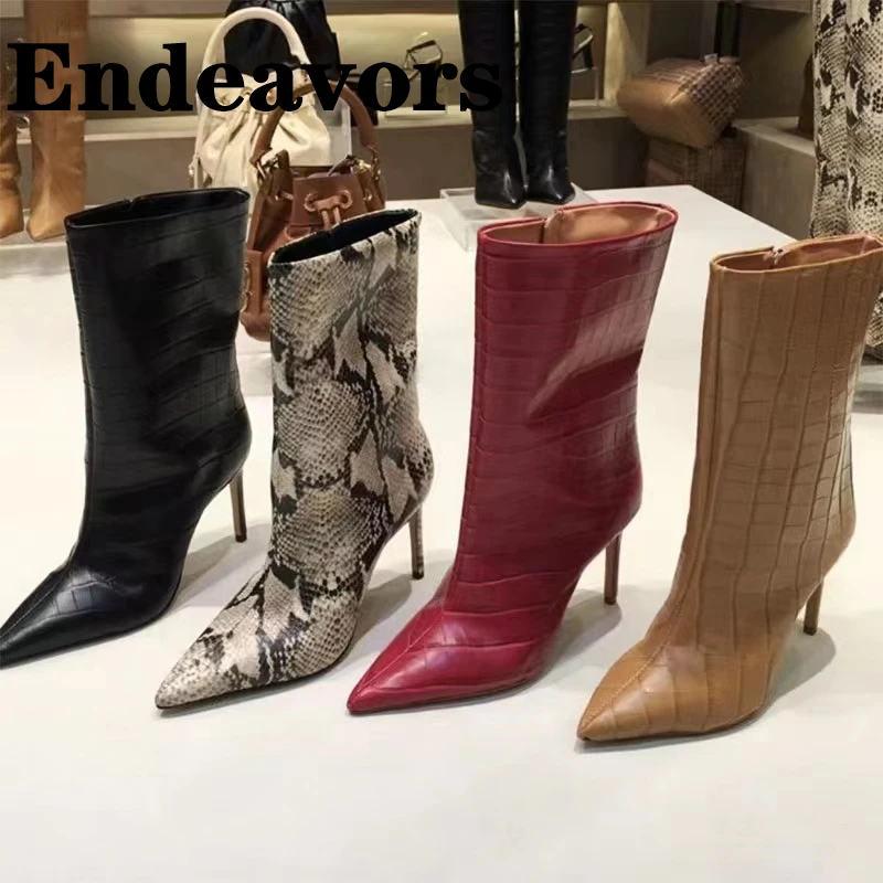 Catwalk Stone Grain Side Zipper Pointed Toe European and American Woman Boots High Heel Thin Heel Large Size Woman Short Boots