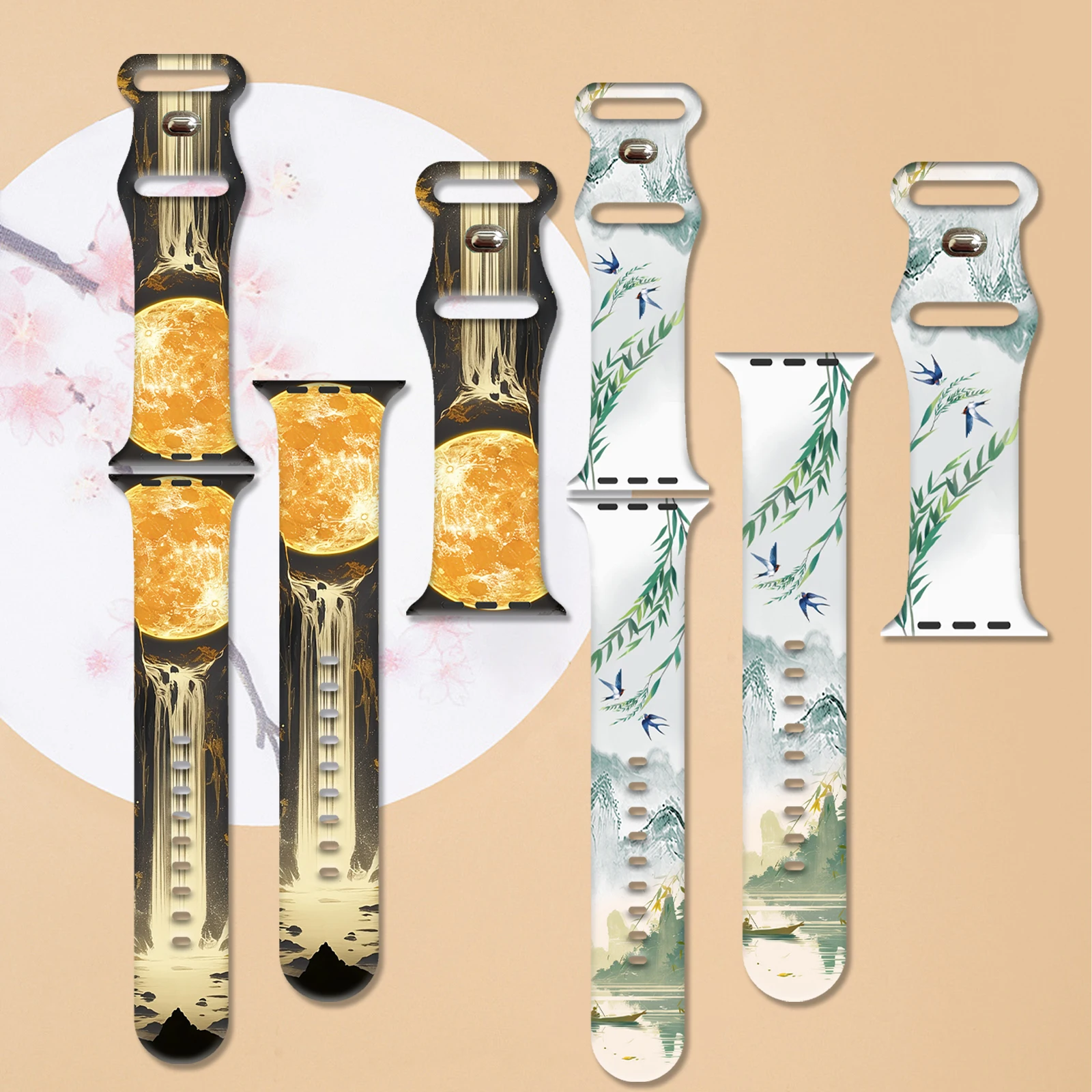 Ancient-style Chinese painting Print Silicone Band for Apple Watch Series 10/9/8/7 Traditional Painting Pattern Strap 45mm 44mm