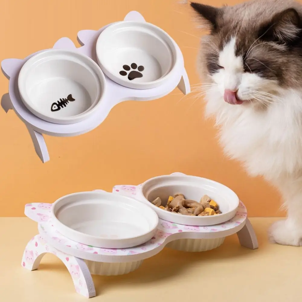 Double Bowl Ceramic Cat Bowl with Stand Non-slip Cervical Protection Raised Pet Feeder Anti-vomiting Acrylic Bowl Holder Indoor