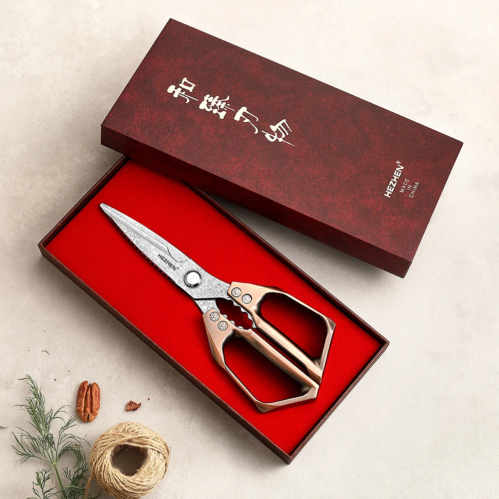 HEZHEN 110 Layers Damascus Steel Kitchen Scissors Walnut Powerful Multifunctional Crack Walnuts Open Beer Bottle