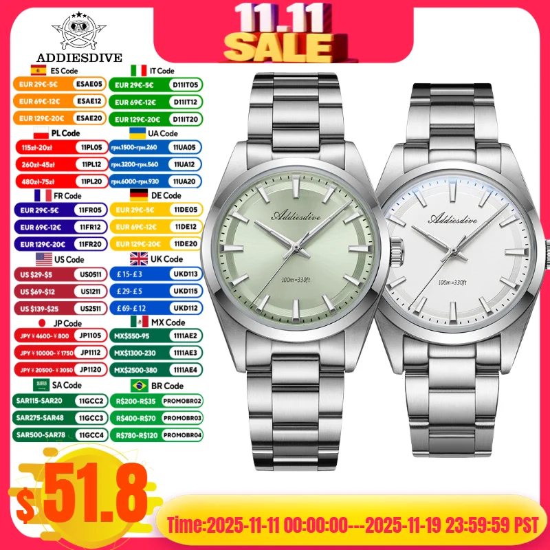 

ADDIESDIVE 36mm TOP Brand Man Watch VH31 BGW9 Super Luminous 316L Stainless Steel Reloj Hombre 100m Waterproof Quartz Watches 시계