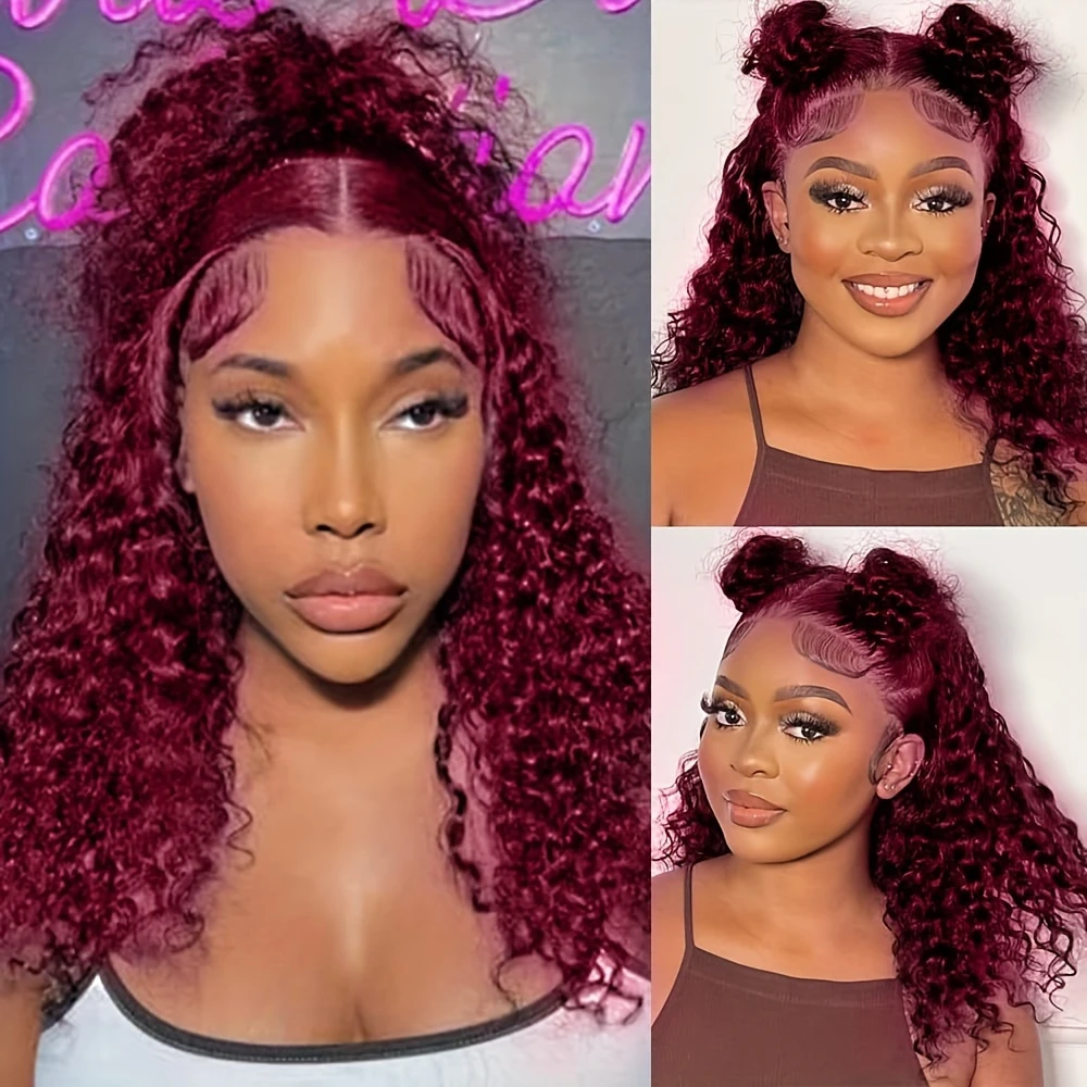 99j Wig Burgundy Wig Rambut Manusia 13X4 Wig Renda Transparan Wig Rambut Manusia Keriting Bob Pendek untuk Wanita