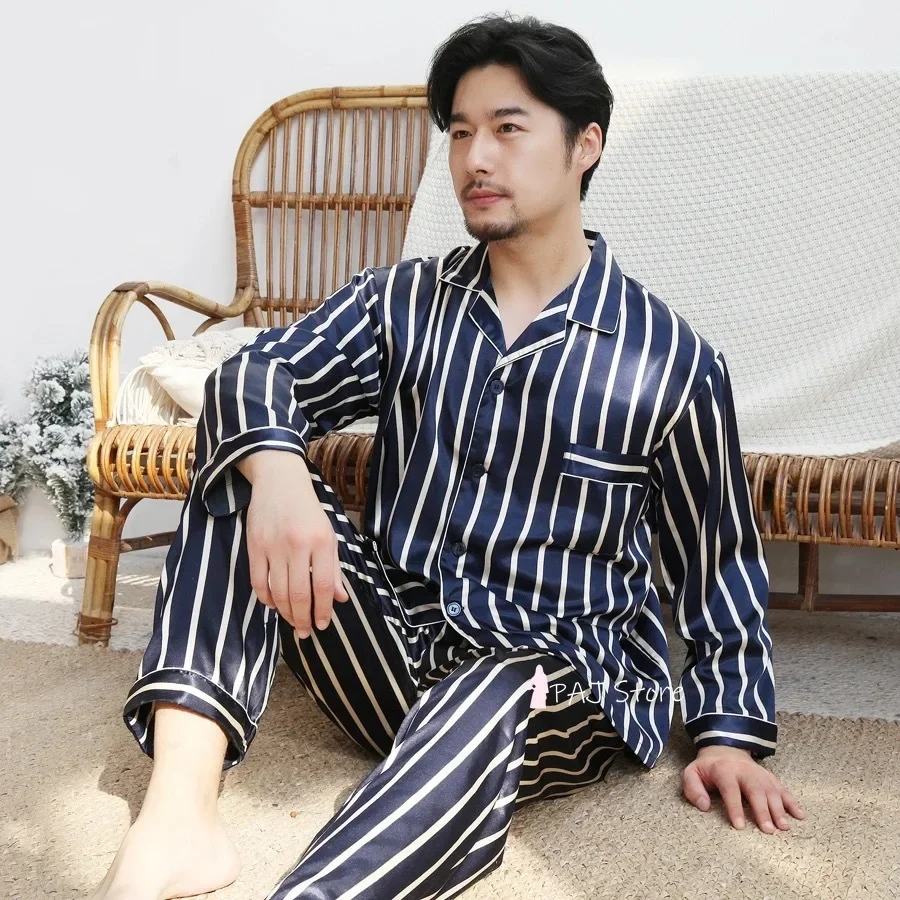 

Home Clothes for Men Big Size 3XL 5XL 7XL 8X Men Summer Silk Pajama Trousers for Men Spring Stripe Men Nightwear Oversize