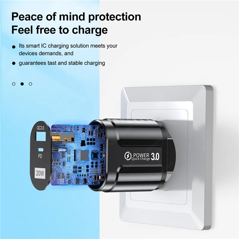 Phone Charger 20W Fast Charging PD USB Type C Charger Quick Charger 3.0 EU/US Plug Wall Charger For Iphone Samsung Xiaomi Huawei