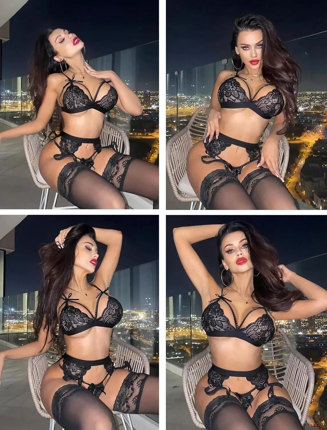 Women Lingerie Set Lace Teddy Strap Babydoll Bodysuit with Garter Belts