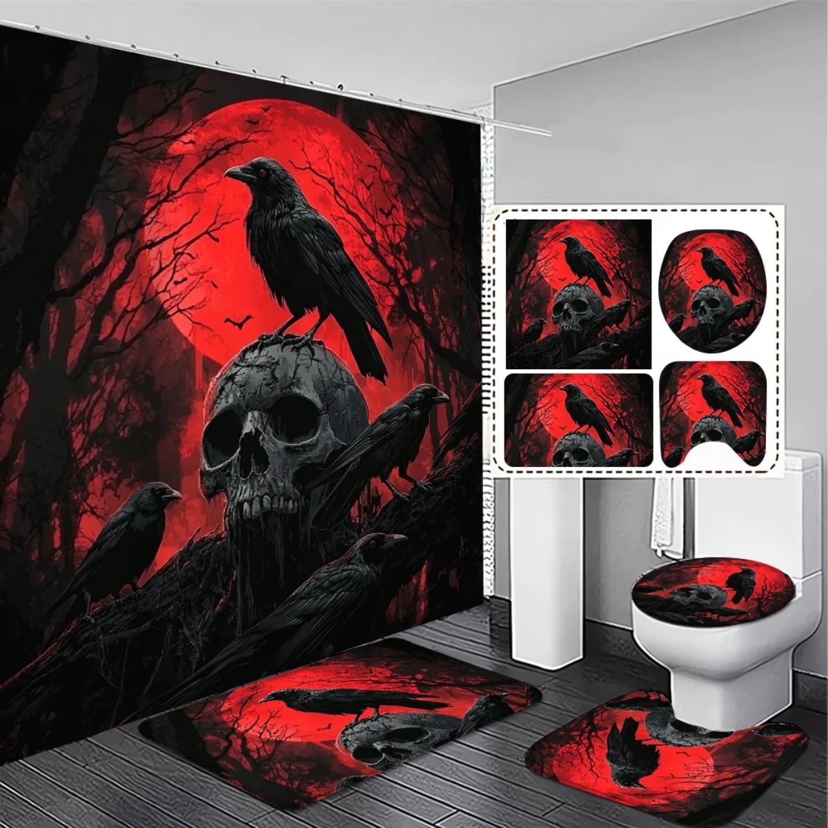 4pc 2D Flat Day of the Dead Bathroom Set, Spooky Gothic Skull & Crow Pattern, Non-Slip Bath Mats, Toilet Lid Cover