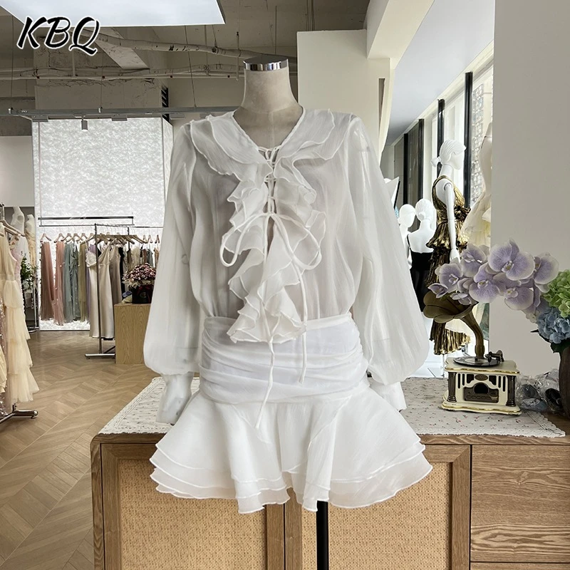 

KBQ Solid Chic Two Piece Sets for Women Round Neck Long Sleeve Short Tops High Waist Short Skirts Chic Set Female Fashion Style
