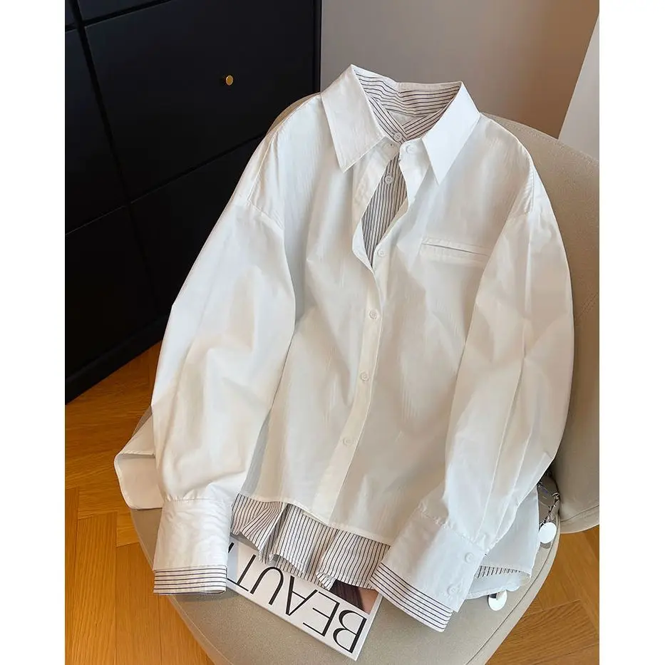 

Pink Striped Loose Long Sleeve Shirt Women's Casual Style Spring New Design Slimming Effect White Enhancing Trendy Top