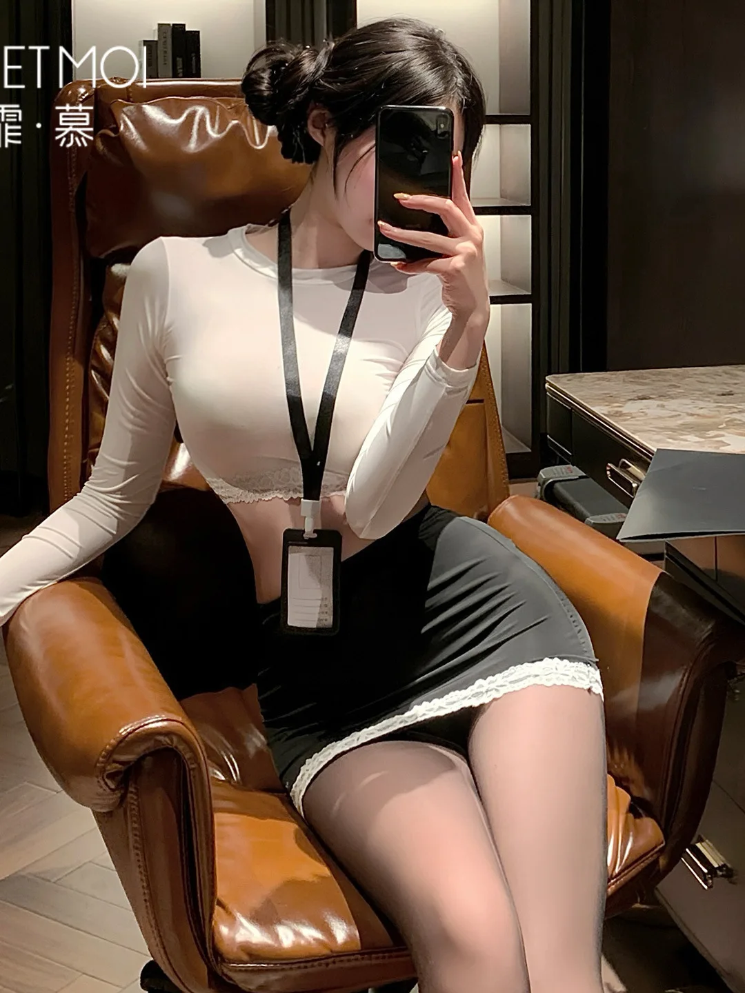 يمزح الدانتيل المشذبة ملهى ليلي Bodycon سكرتيرة الزي بأكمام طويلة الساحرة إغراء يمزح مثير ملابس خاصة تنورة مجموعات SOH2