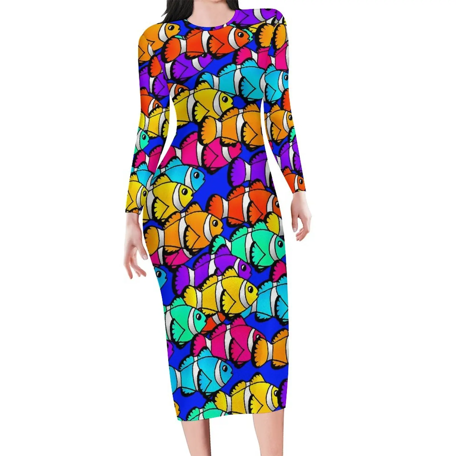 Tropical Marine Dress Long Sleeve Rainbow Clownfish Street Wear Dresses Spring Retro Bodycon Dress Female Oversize Vestidos