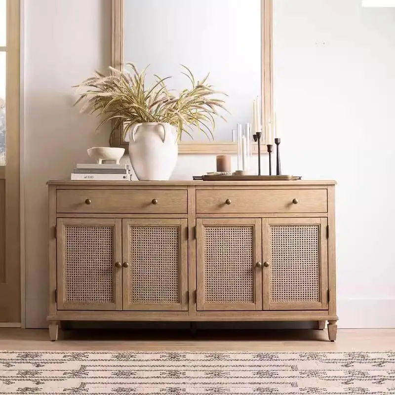 Natural wood craftsman style side cabinet with rattan door, 2 drawers, suitable for apartment living room