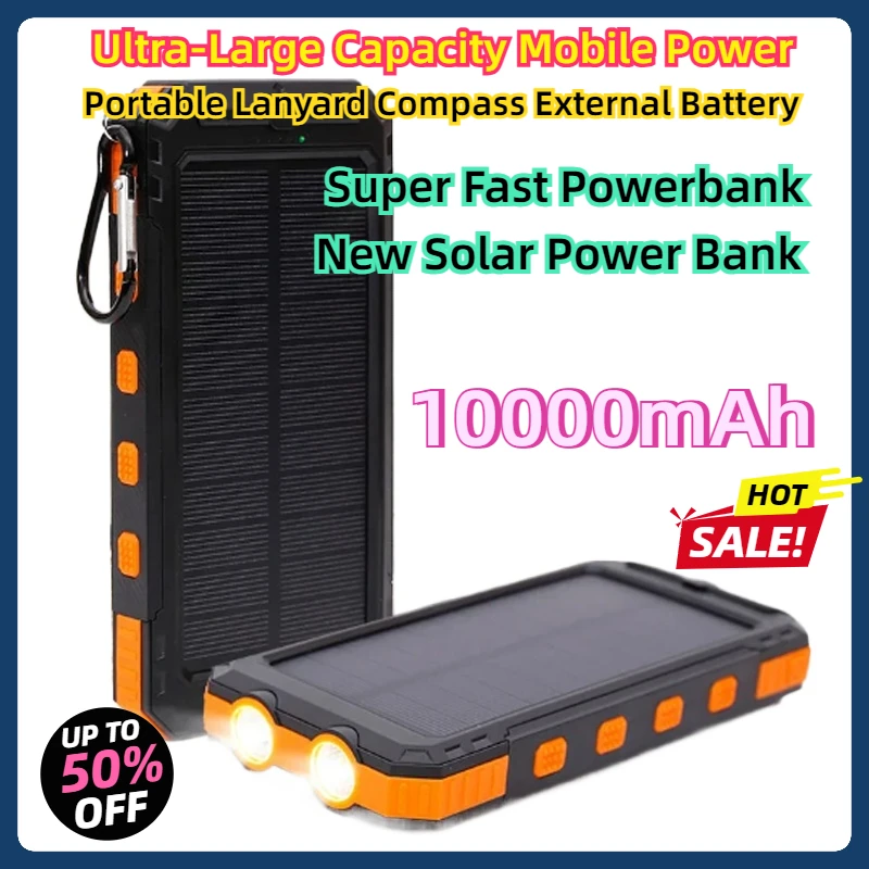 10000mAh Ultra-Large Capacity Mobile Power Portable Lanyard Compass External Battery Super Fast Powerbank New Solar Power Bank