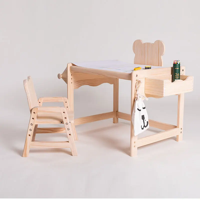 

All Solid Wood Children's Room Drawing Learning Creative Multi-function Can Lift The Height of Pine Bear Table and Chair