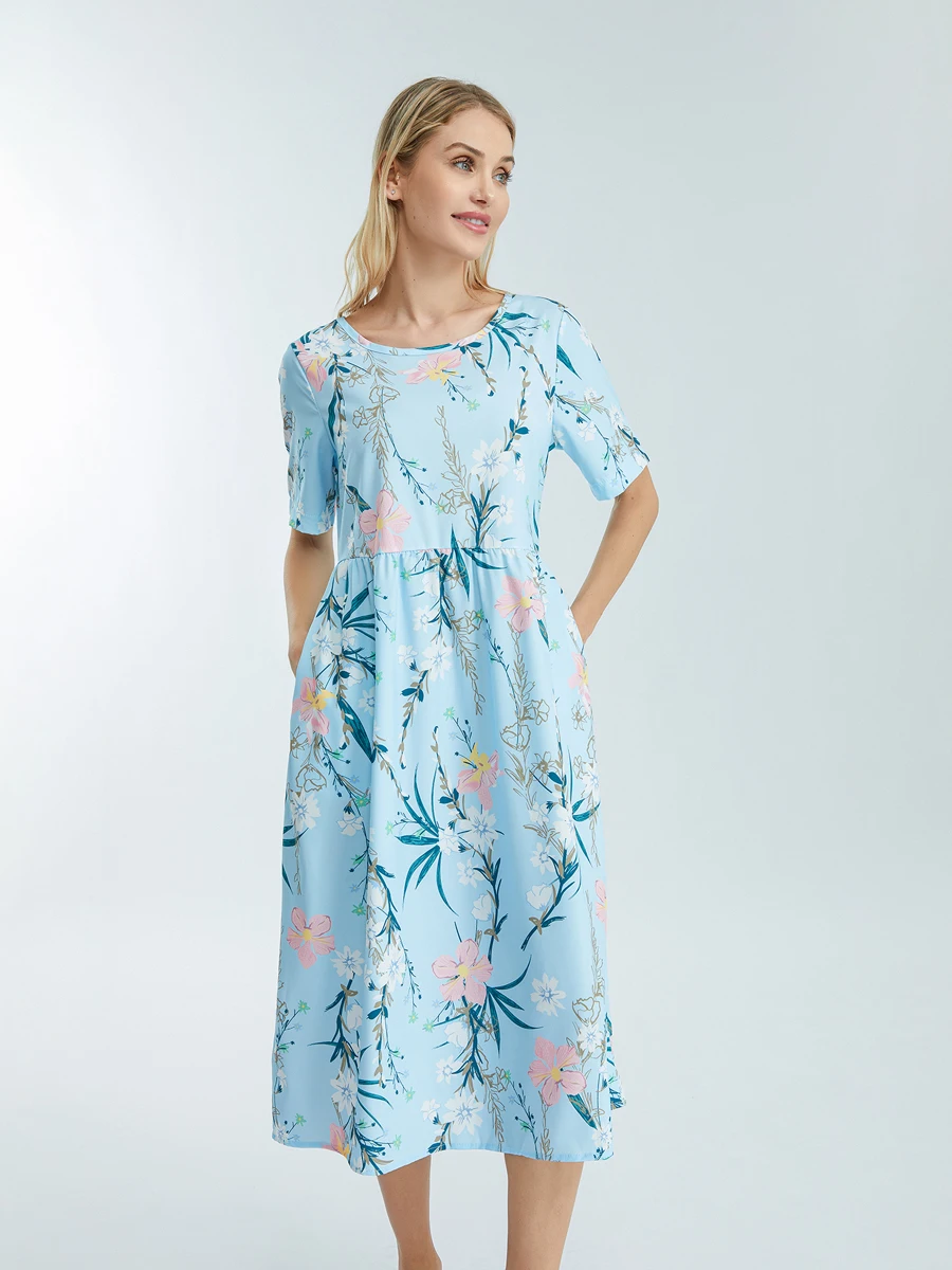 فستان نسائي طويل بطبعة زهور، فستان صيفي بوهو أنيق بأكمام قصيرة ورقبة دائرية مع جيوب