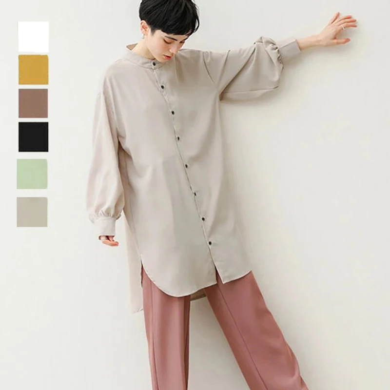 REALEFT-Vestidos camiseros cortos holgados para mujer, minivestido informal de manga larga abombada con cuello levantado y una botonadura, otoño 2025