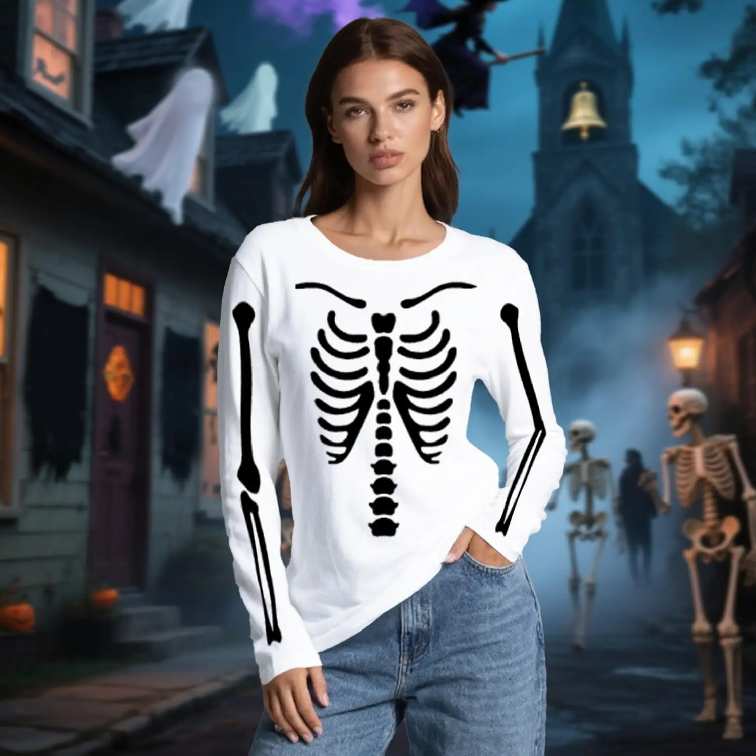 MINISO الوافدين الجدد هالوين الوالدين والطفل الملابس دور اللعب الهيكل العظمي طويلة الأكمام الضلع قفص تي شيرت هالوين حفلة المحملة القمم #1