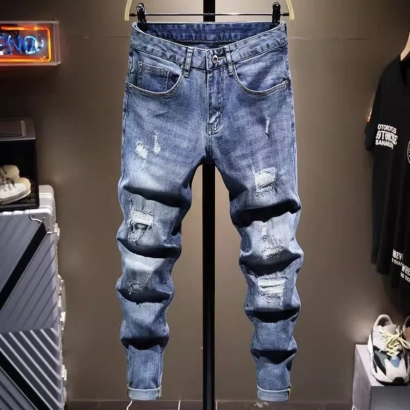 

Spring and Autumn Fashion Trend Straight Leg Ripped Stretchable Jeans Men's Casual Comfortable Sports Vintage High Quality Jeans