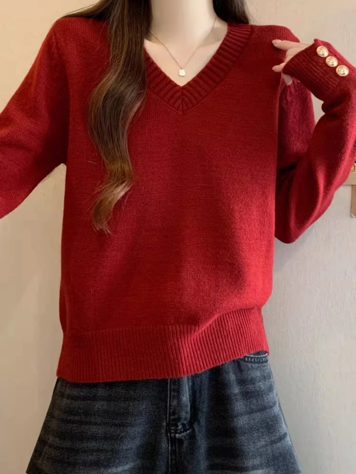 

Ele Red V-Ne Long Sve Knit Sweater Women's plus Size Slimming Base Layer Top for Winter Comfortable Loose Fit Sle