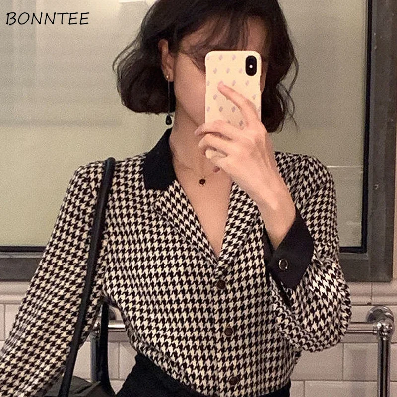 Houndstooth Shirts Women French Elegant Temperament Casual Dating Holiaday Office Ladies Teens Clothes Spring Retro Vintage Top