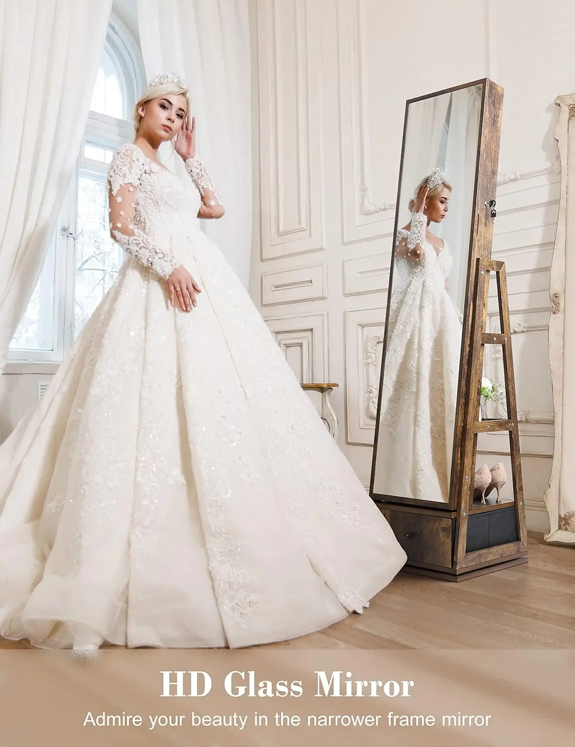 360 °     خزانة مجوهرات دوارة مع أضواء، مرآة زينة بشاشة تعمل باللمس، مرآة كاملة الطول قابلة للدوران مع مساحة تخزين للمجوهرات #6