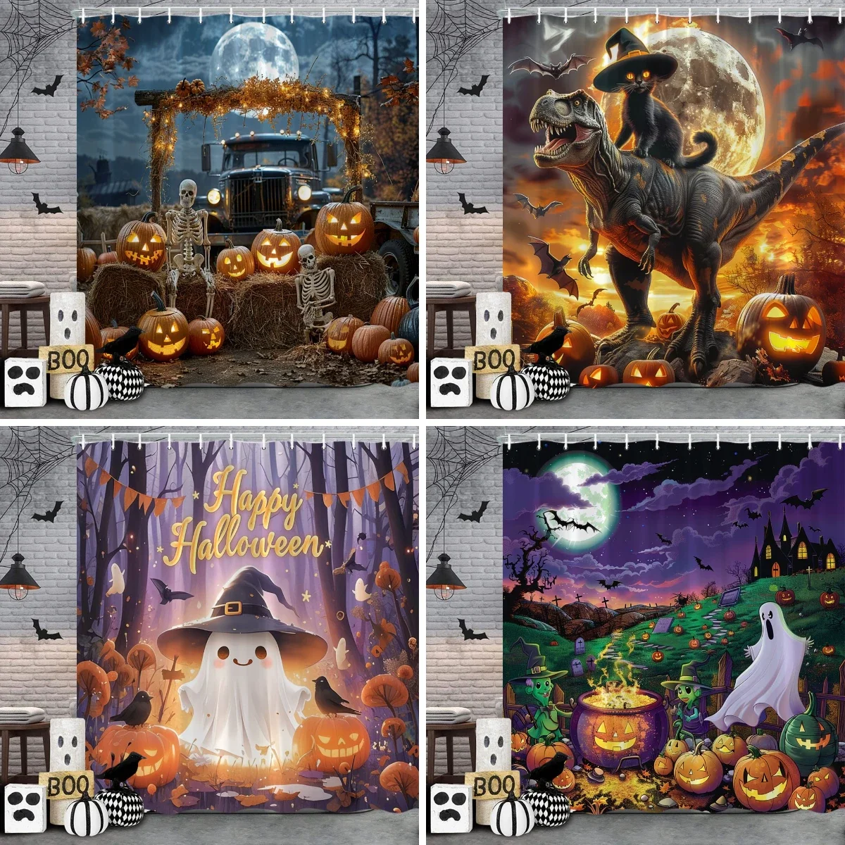 

Spooky Halloween Shower Curtain Dinosaur Pumpkin Ghost Halloween Gift Polyester Fabric Shower Curtains Bathroom Decor with Hooks