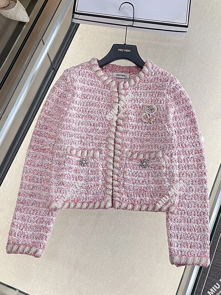 High-End Ort Bloemen Pailletten Roze Tweed Open Vest Dames Herfst Faion Bovenkleding Loose Fit Diamond Embellied Button-Up