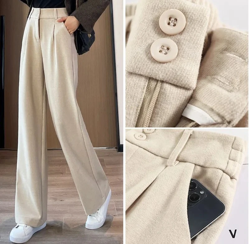 Otoño Invierno pantalones clásicos femeninos niñas pantalones de pierna recta estrecha señora sólido grueso pantalones de cintura alta