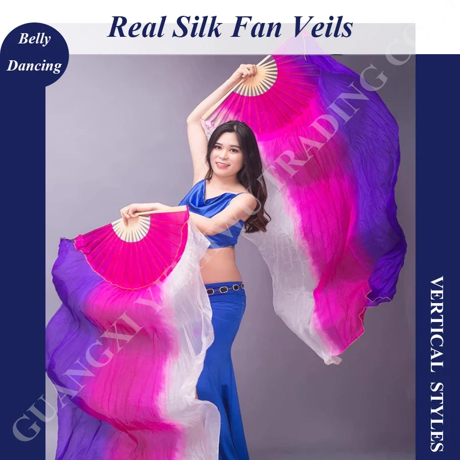 Hand Made Women 1 Pair Belly Dance Silk Bamboo Dance Long Fan Veils Gradient Vertical Style