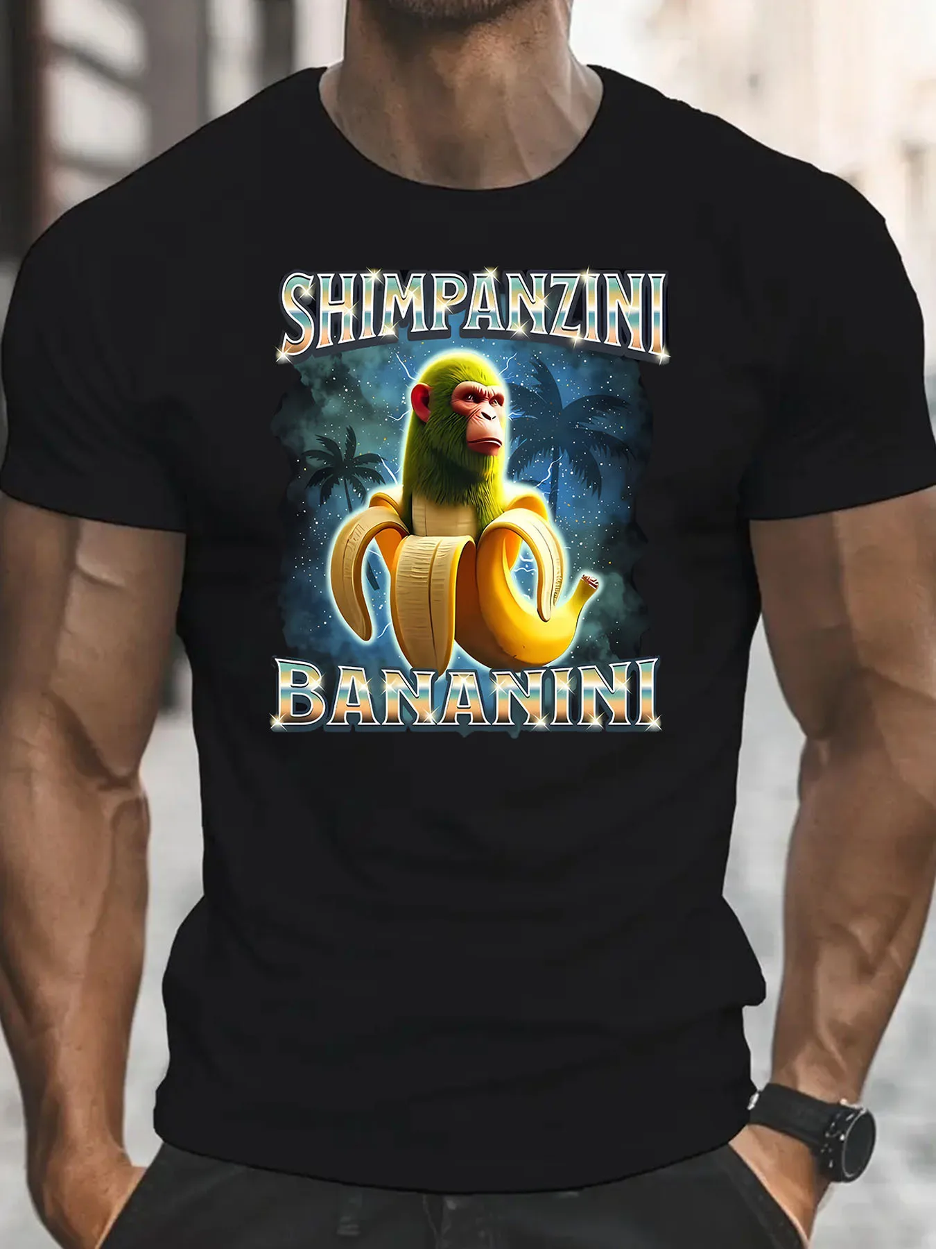 [เสื้อยืดย้อนยุคผู้ชาย] Shimpanzini Bananini เสื้อยืดกราฟิกการ์ตูนย้อนยุคผู้ชาย |   การออกแบบกล้วยและกอริลลาแสนสนุก