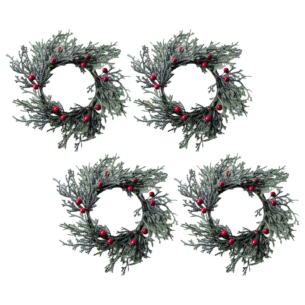 4pcs Christmas Rings Artificial Red Berries Snowy Pine Needles Garlands Pillar Wreaths rings wreaths