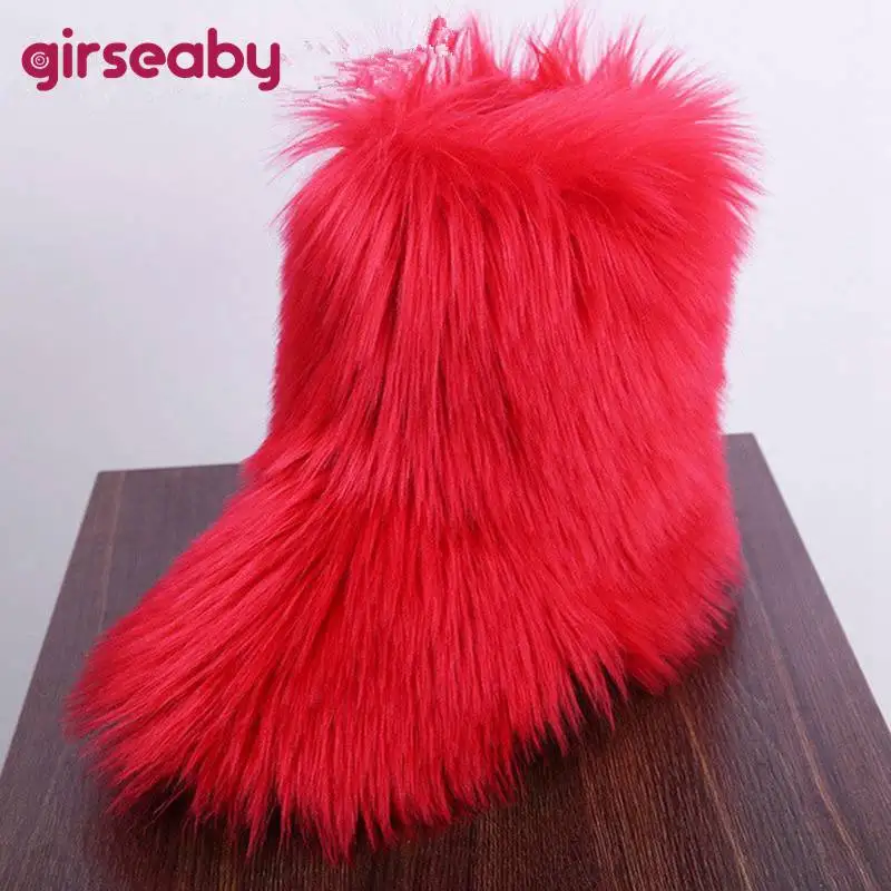 Girseaby Winter Women Snow Boots Genuine hairy Feather furry Fur flats plush warm ski boots shoes botte