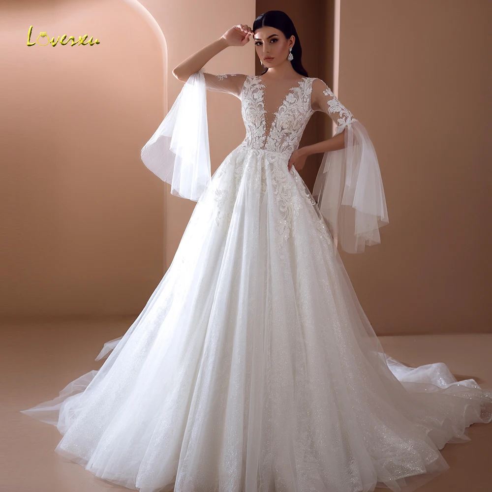 Loverxu A-Linie Vintage Brautkleider V-Ausschnitt Langarm Vestido de Novia Stick applikationen atember aubende Robe de Mariee