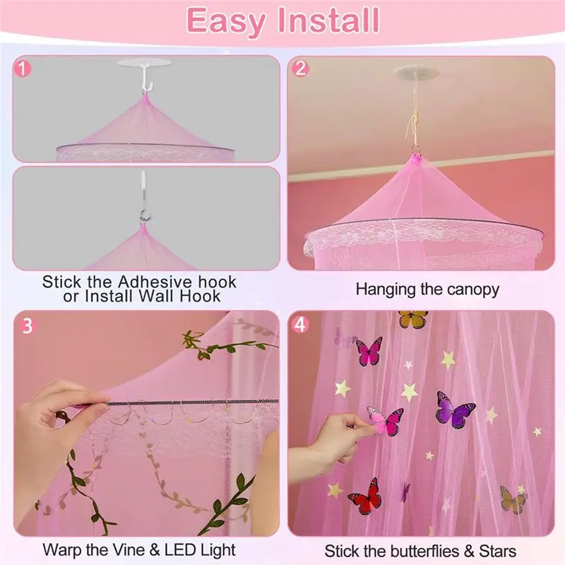 【RECOMMEND】Mosquito Net For Girls Room Bed Canopy With Led Light Curtain DIY Princess Room Décor Decor With Butterflies