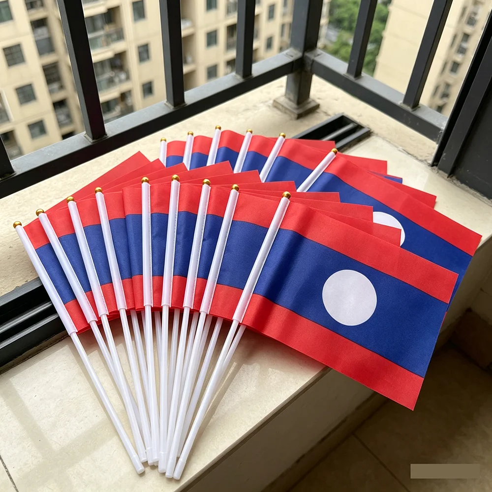 （SKY FLAG) Laos Flag 21*14cm Flying Flag Polyester Laos Hand Waving Flags With Plastic Pole For Sports Activity Home Decoration