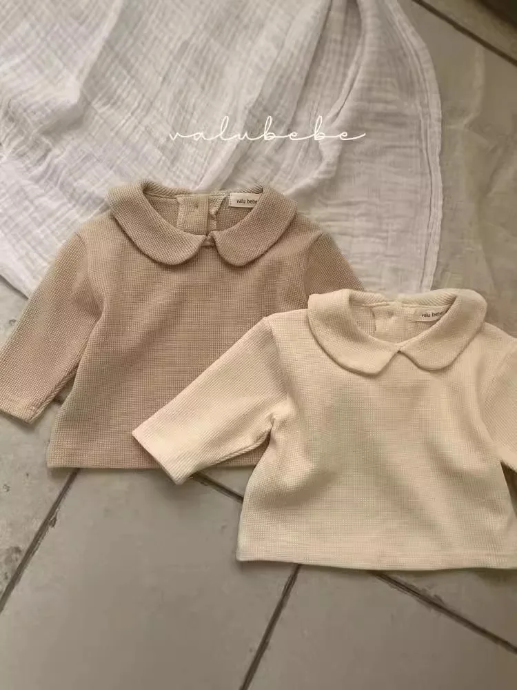 2025 Autumn New Baby Long Sleeve T Shirts Cotton Infant Toddler Peter Pan Collar Tops Girls Solid Versatile Bottoming Shirts