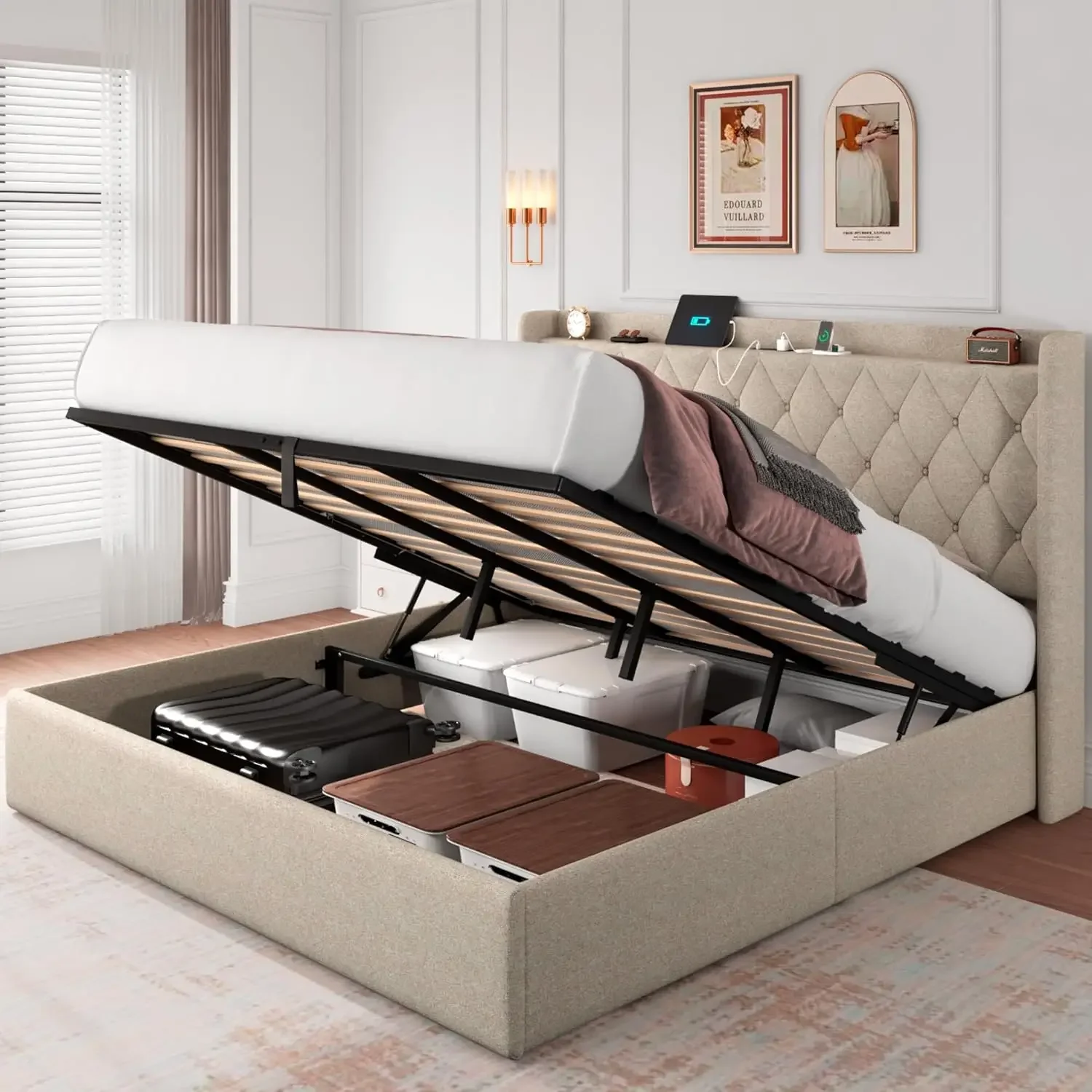 

Size Lift Up Storage Bed Frame with Charging Station, Upholstered Platform Bed Frame with Tufted Headboard, Hydraulic Storage