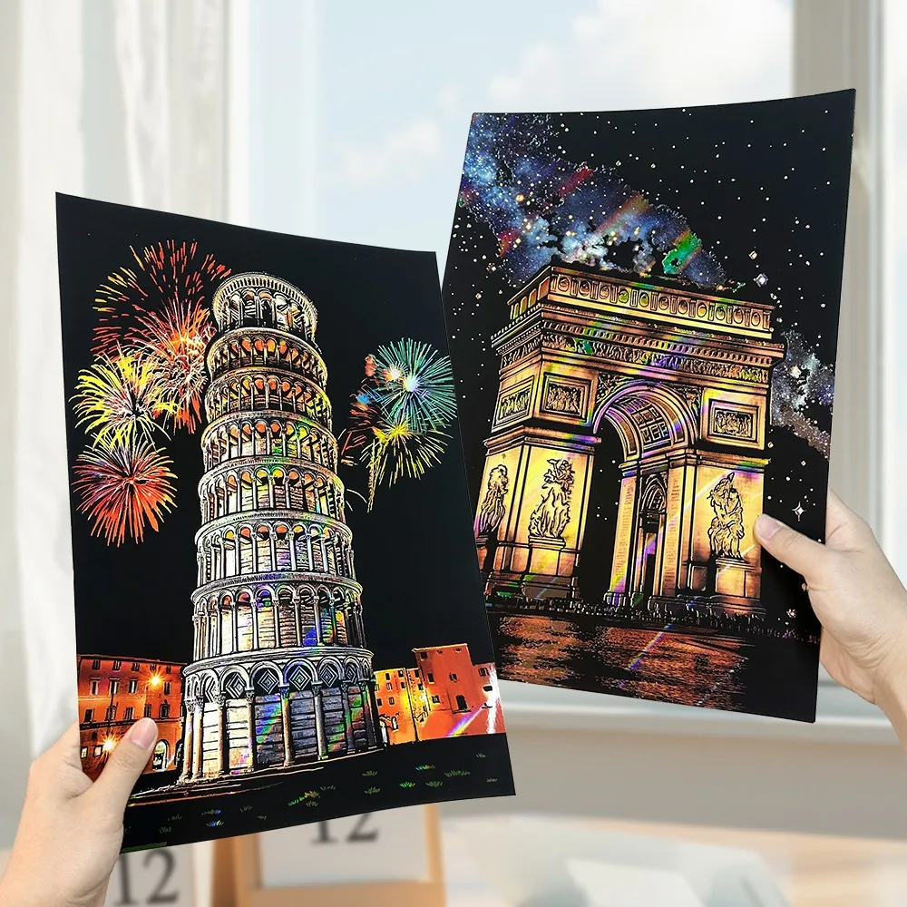 Juego de 4 Piezas A3 para Pintar con Raspadores, Coliseo, Ciudad Prohibida, Flor de Cerezo, Castillo, Vista Nocturna, Arte de Raspado Láser, Juguetes de Dibujo