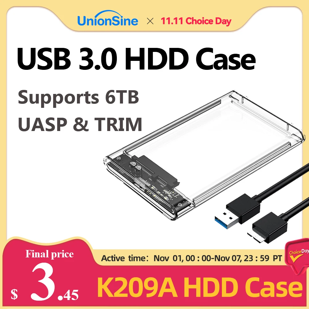 

UnionSine USB 3.0 External Hard Drive Enclosure SATA to USB3.0 UASP & TRIM Hard Drive Case 6TB HDD Tool-Free Transparent