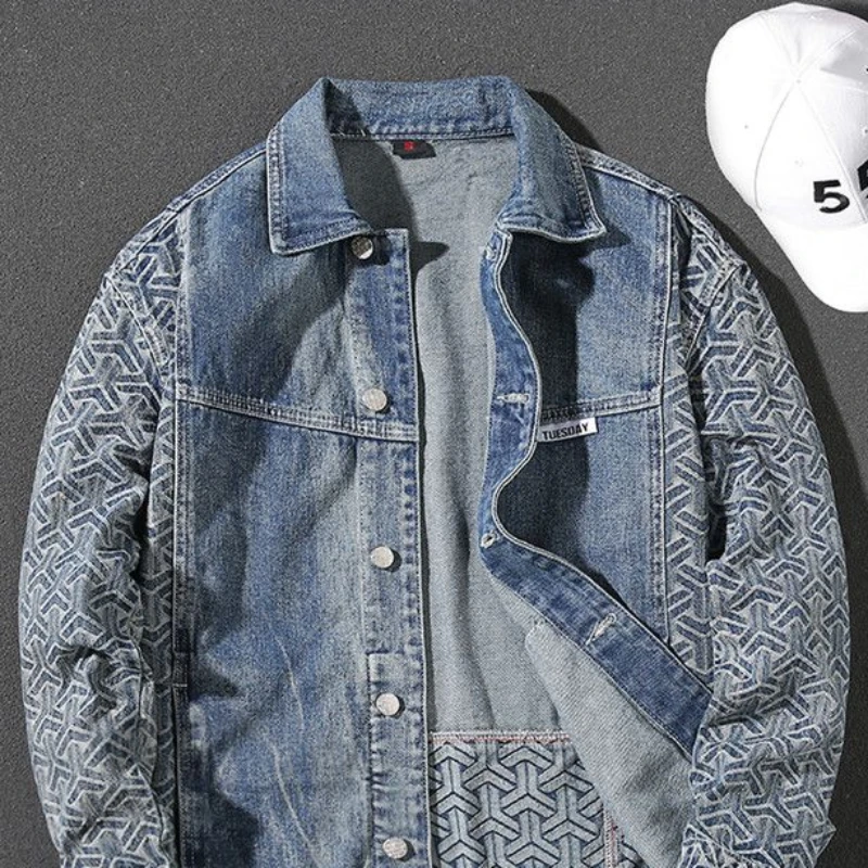 Male Jean Coats Spliced Geometric Autumn Men\'s Denim Jacket Blue Wide Shoulders Clothing G Korea Original Low Price of Fabric