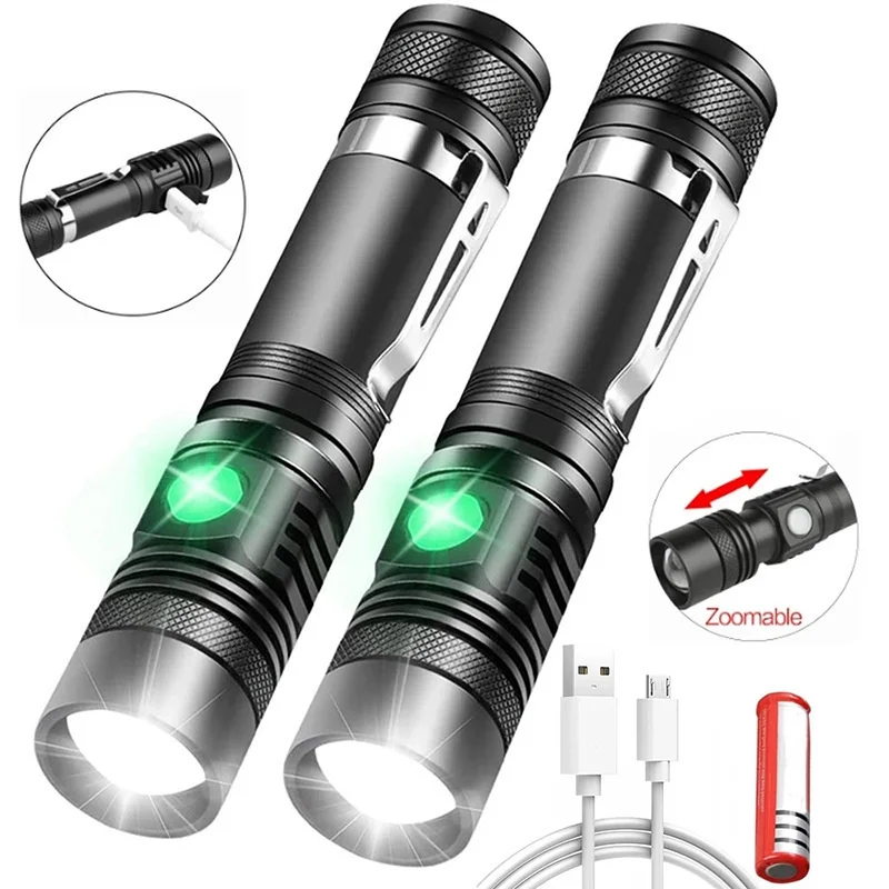 

High Power T6 Led Flashlights Zoomable Camping Torch With Pen Clip Waterproof 4 Lighting Modes Multi Function USB Charger