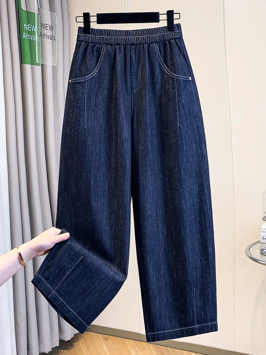 

Loose Wide Leg Jeans Women's Thin Nine Points Pants plus Size Casual Pants Slimming Knife Leisure Pants High Waist Denim Fabric