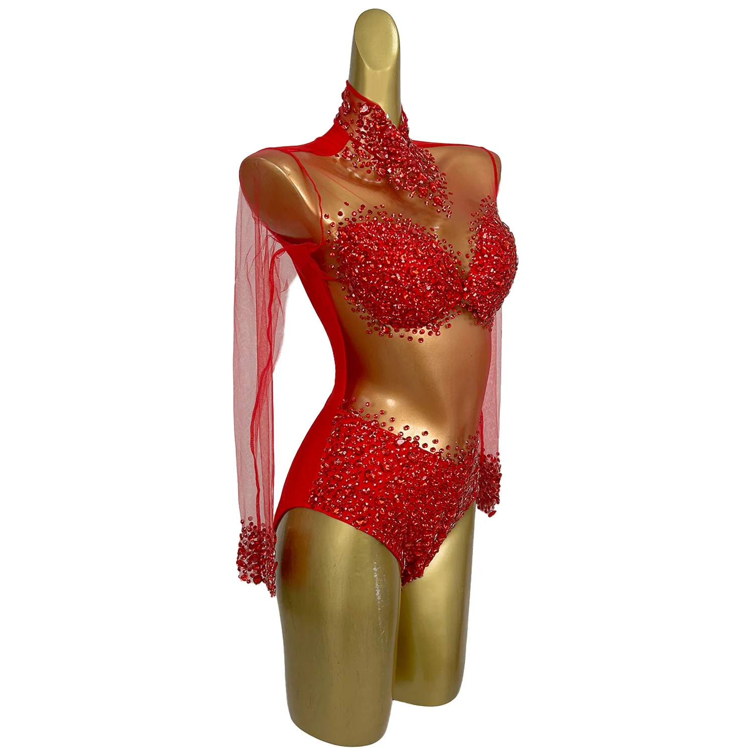 Sparkly Rhinestones Bodysuit Sexy Mesh Dance Costume Performance Leotard Women Nightclub Outfit Dancer Stage Wear Wangshazuan