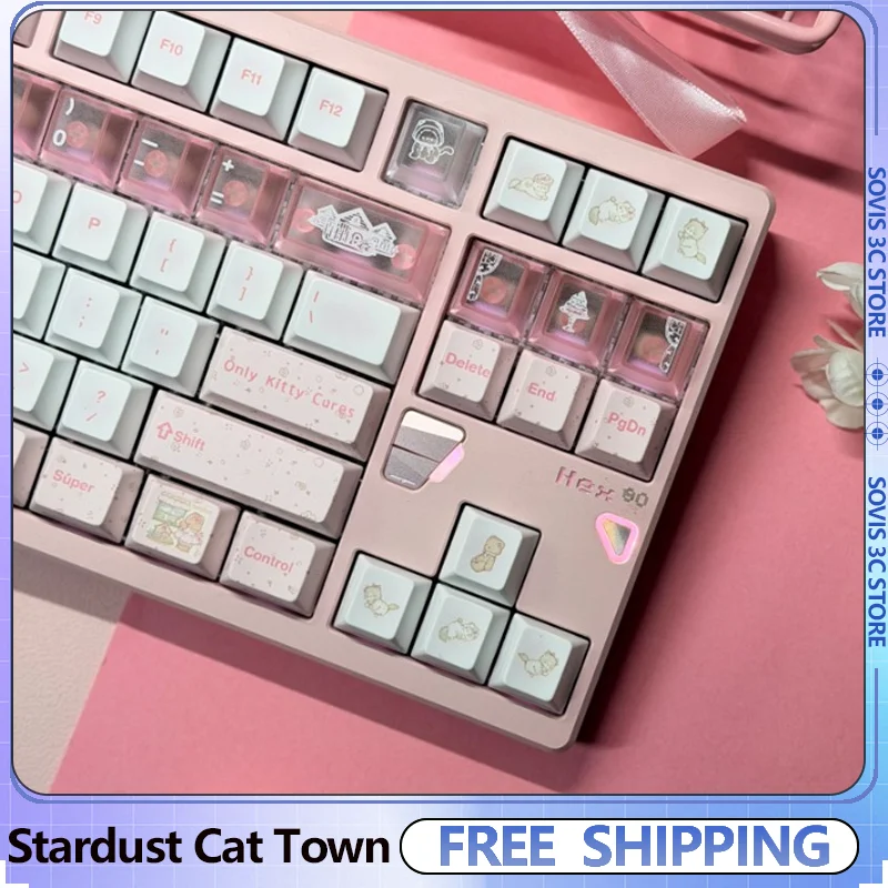 

Колпачки для клавиш Stardust Cat Town Cherry Profile, розовые PBT, полупрозрачные колпачки для клавиш на заказ, колпачки для механической клавиатуры MX, аксессуары
