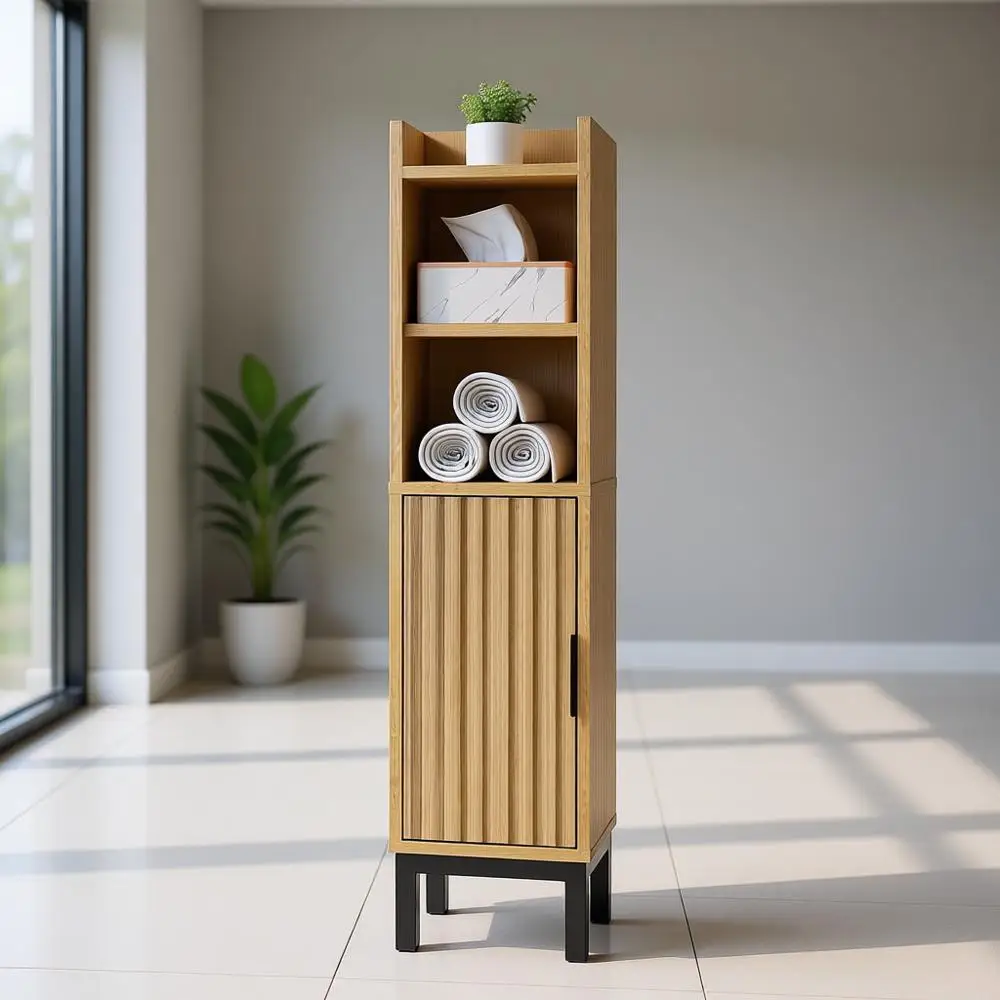 

Narrow Oak Bathroom Storage Cabinet with Door and Adjustable Shelves for Small Spaces