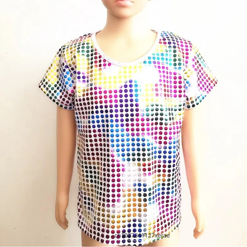 Детские костюмы для джазовых танцев, свободные футболки с короткими рукавами и блестками, костюмы для группового фестиваля, сценических танцевальных выступлений