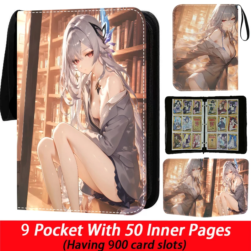 Genshin Impact Anime Raccoglitore di carte ad alta capacità Libro contiene 400/900 pezzi Collezione di album di carte con cerniera di archiviazione con 50 pagine interne
